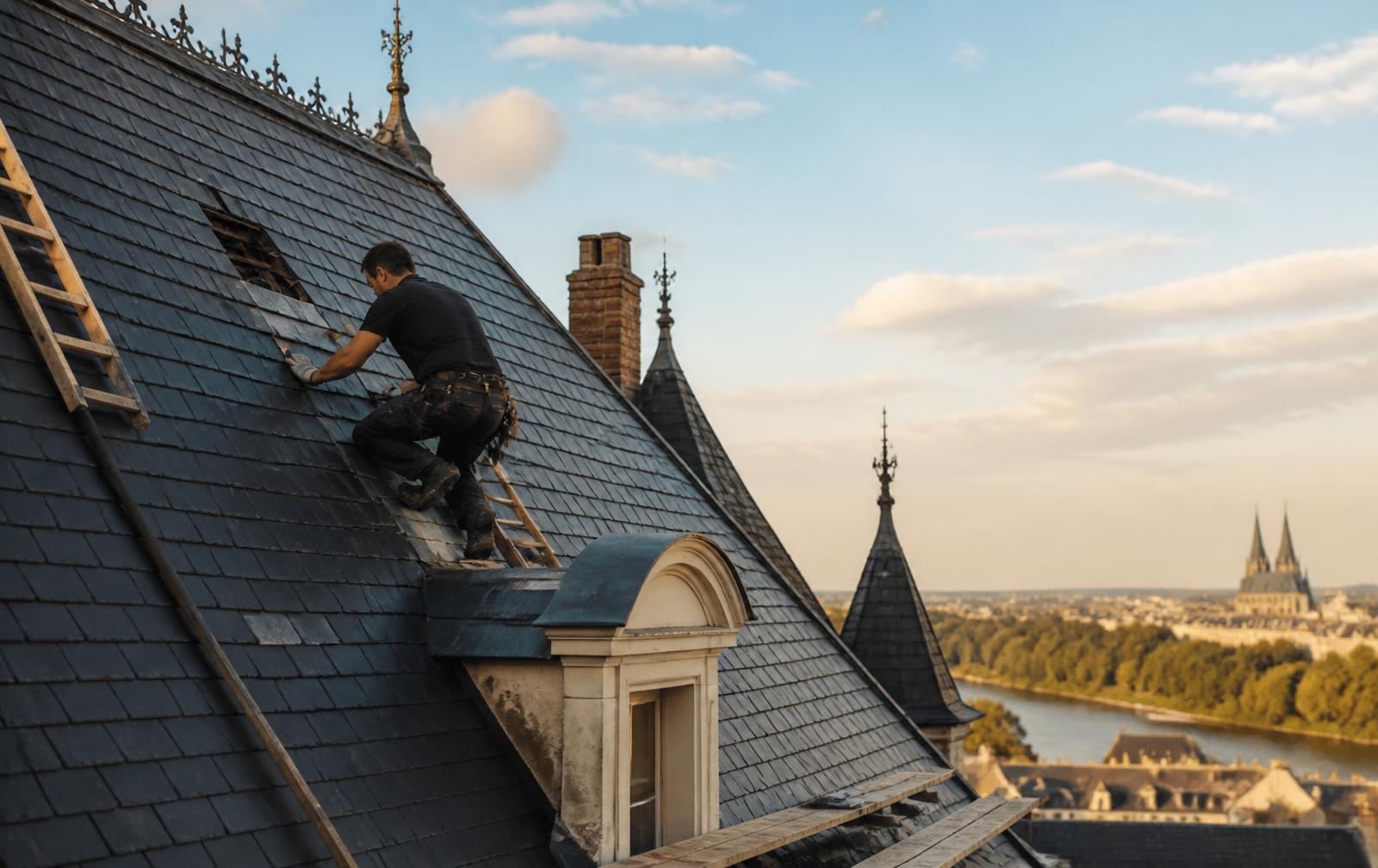 Couvreur réparant une toiture en ardoise à Angers